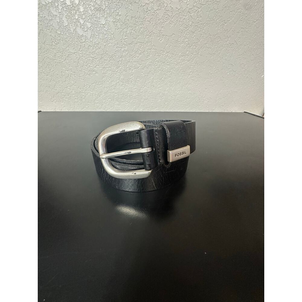 Fossil Black Leather Belt Men XL Silver Buckle Elegant Glam Old Money Preppy